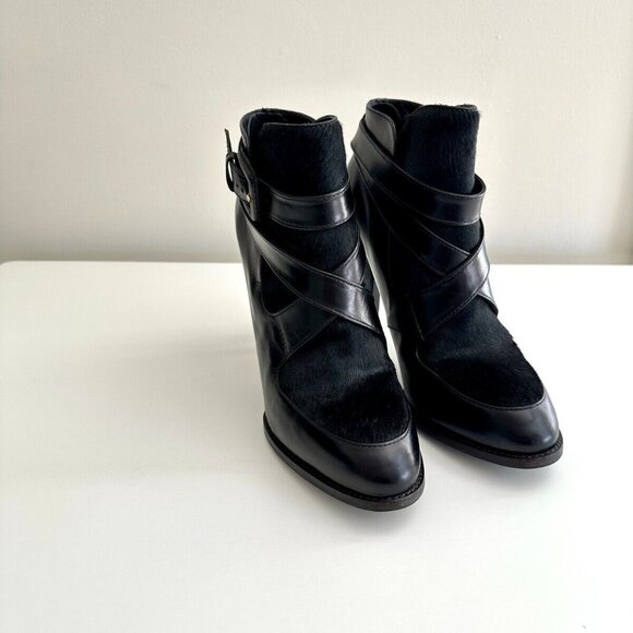 TOD'S Black Leather Pony Hair Criss Cross Ankle Strap Boots Booties Size 38 - Picture 1 of 13